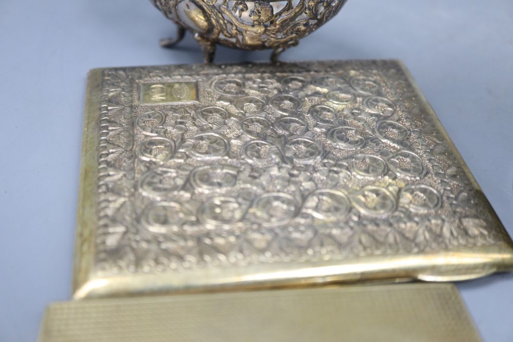 Three Indian repousse white metal beakers, 97mm and six other items including sterling mug and 800 salt.